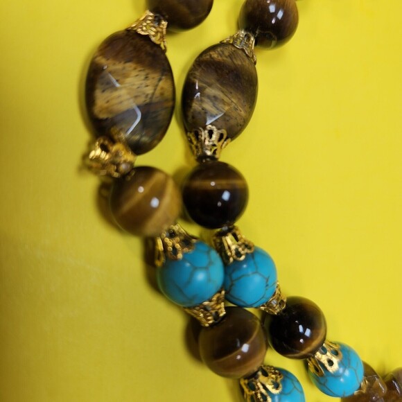 Gemstone Tiger Eye Beaded Necklace 19 in. Double Strand Earthy Boho Healing - Picture 5 of 9